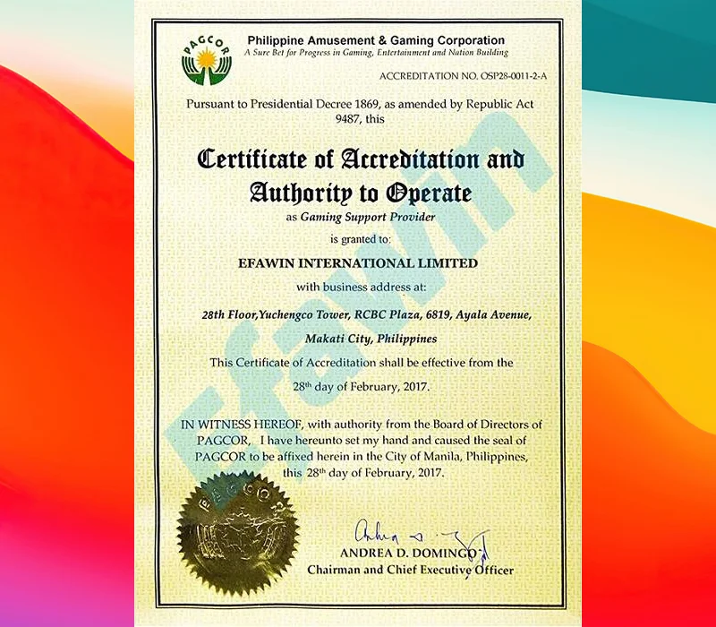 Mẫu giấy phép của tổ chức PAGCOR, Philippines